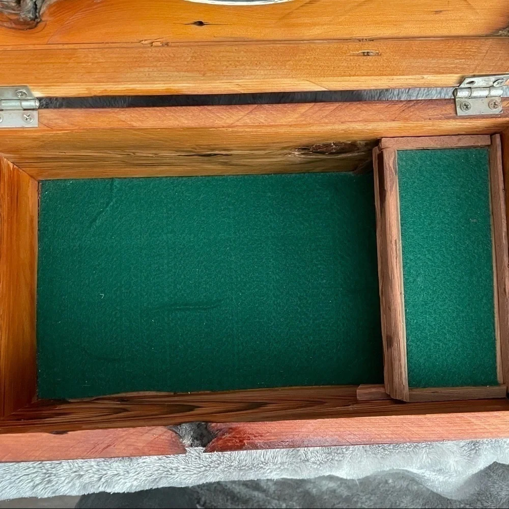 Large Handcrafted Solid Wood Jewelry Chest Mirror Lid Green Felt Lined 13